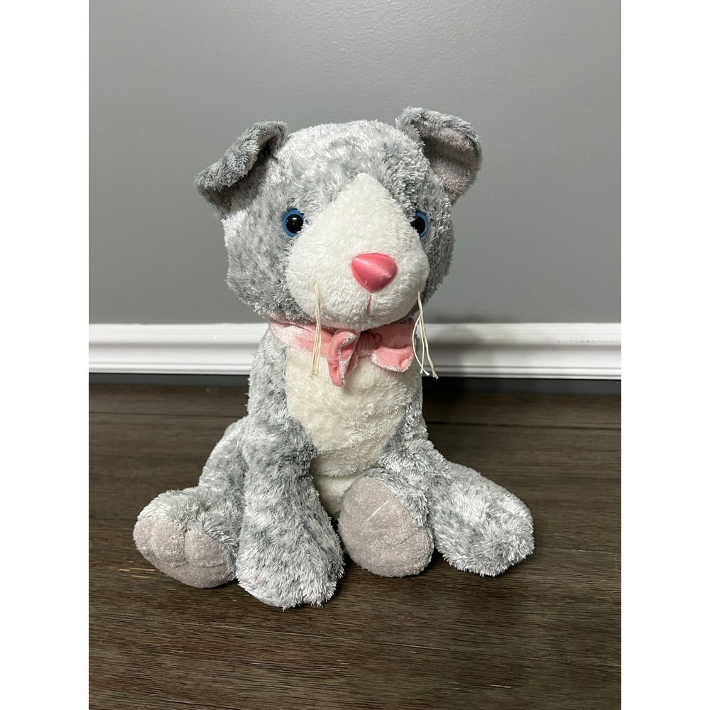 Living Playful Gray Tabby Cat Kitten with Pink Neck‎ Ribbon Plush